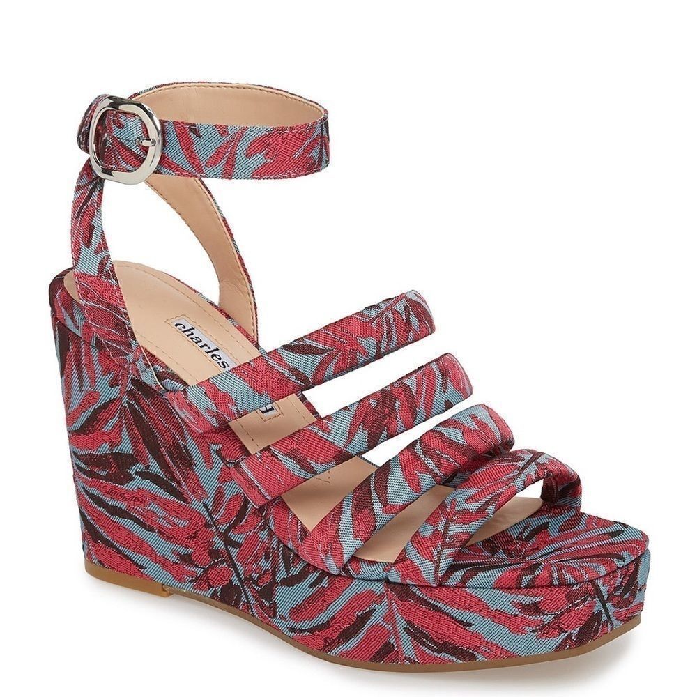 Charles David Red and Blue Floral Print Platform Wedge Sandals